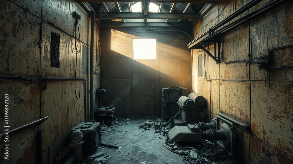 A shaft of sunlight pierces through a dusty, abandoned industrial space, illuminating forgotten machinery and the remnants of past activity. A shaft of sunlight pierces through a dusty, abandoned industrial space, illuminating forgotten machinery and the remnants of past activity.