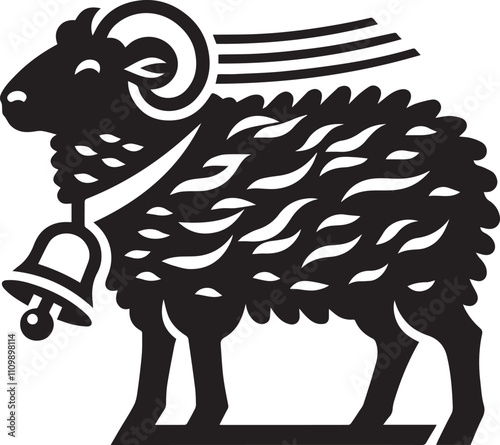 A sheep standing with a bell around its neck vector silhouette