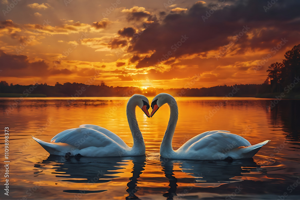 Fototapeta premium Two Swans Forming a Heart Shape Against a Sunset Landscape, Generative AI