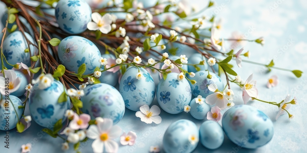 Easter Delicate Blue Eggs Decorated with Floral Patterns Nestled in Delicate White Blossoms on a Soft Blue Background