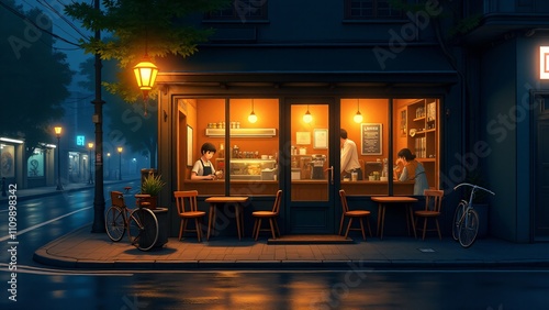 A cozy café on a quiet street corner at night, with warm light spilling through large windows. A vintage lamppost outside lights the wet pavement. anime