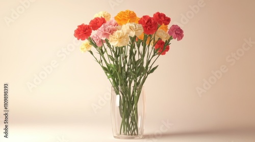 Colorful carnation bouquet in vase with soft background light