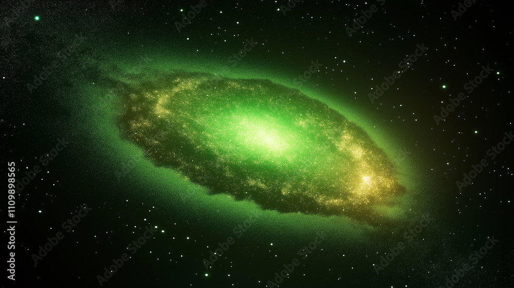 Obraz premium Green spiral galaxy rotating in deep space with stars