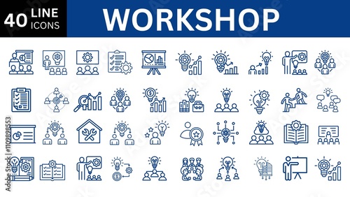 Workshop set of web icons in line style. Business Workshop icons for web and mobile app. Containing team building, teamwork, coaching, meeting, managing, coaching, motivation and more