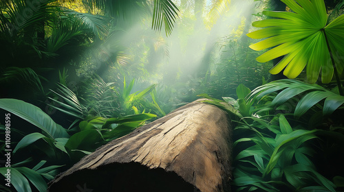 Fallen tree trunk illuminating lush tropical jungle plants