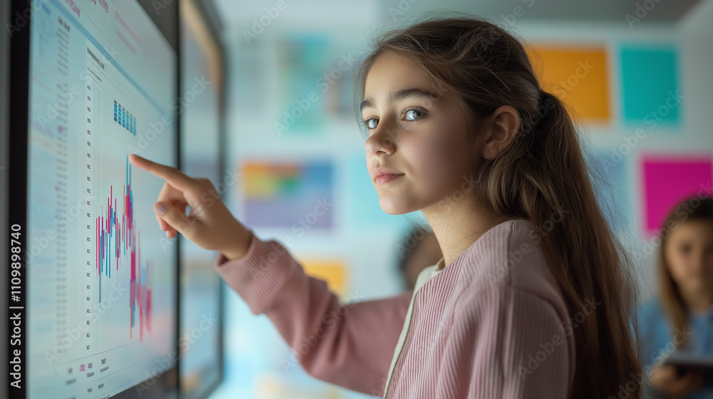 Young statistician analyzing interactive charts on a touchscreen display in a modern office Young statistician analyzing interactive charts on a touchscreen display in a modern office