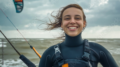 Kitesurfer smiling while holding bar and wearing wetsuit