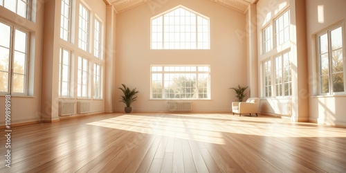 Sunlight streams through large windows in a spacious room with wood flooring, illuminating the empty space and creating a warm and inviting atmosphere.