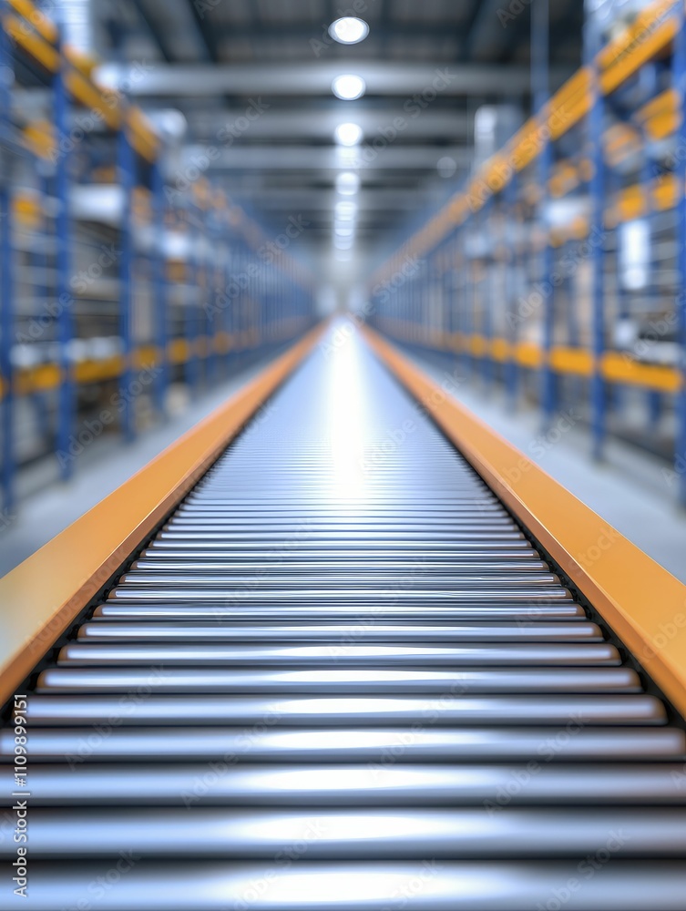 Automated conveyor system, sleek industrial design, steel and orange, front view emphasis, set against a futuristic logistics environment. Automated conveyor system, sleek industrial design, steel and orange, front view emphasis, set against a futuristic logistics environment.