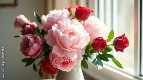 A bouquet of pink and red roses, arranged in a vase, illuminated by the soft glow of sunlight streaming through a window.