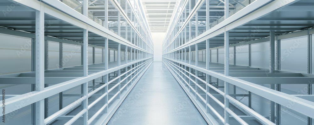 Obraz premium Warehouse layout design, sleek minimalist, gray metal and white, overhead view emphasis, featuring organized shelving and unobstructed pathways.