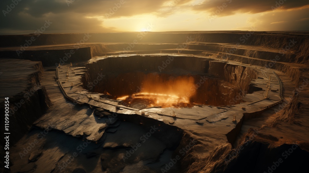 Fototapeta premium Open-pit coal mine at sunset, hard light, space in the center,generative ai illustration
