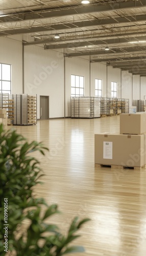 Warehouse Optimization Strategies setup, Industrial Chic style, Wood and Metal materials, top view focus, with spacious layout and efficient storage solutions background. photo