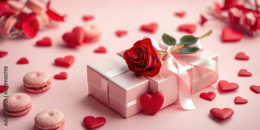 A delicate pink gift box adorned with a single red rose, surrounded by scattered heart-shaped decorations, creates a romantic and festive atmosphere. A delicate pink gift box adorned with a single red rose, surrounded by scattered heart-shaped decorations, creates a romantic and festive atmosphere.