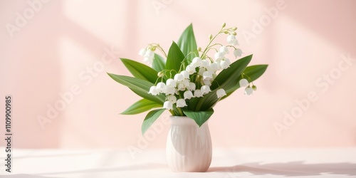 Delicate white lilies of the valley arranged in a white vase against a soft pink background