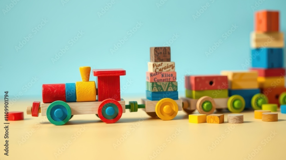 Colorful Wooden Toy Train and Stacked Blocks on a Yellow Surface with a Blue Background