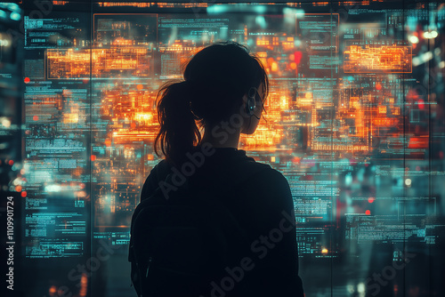 A woman is looking at a computer screen with a lot of bright colors and numbers photo