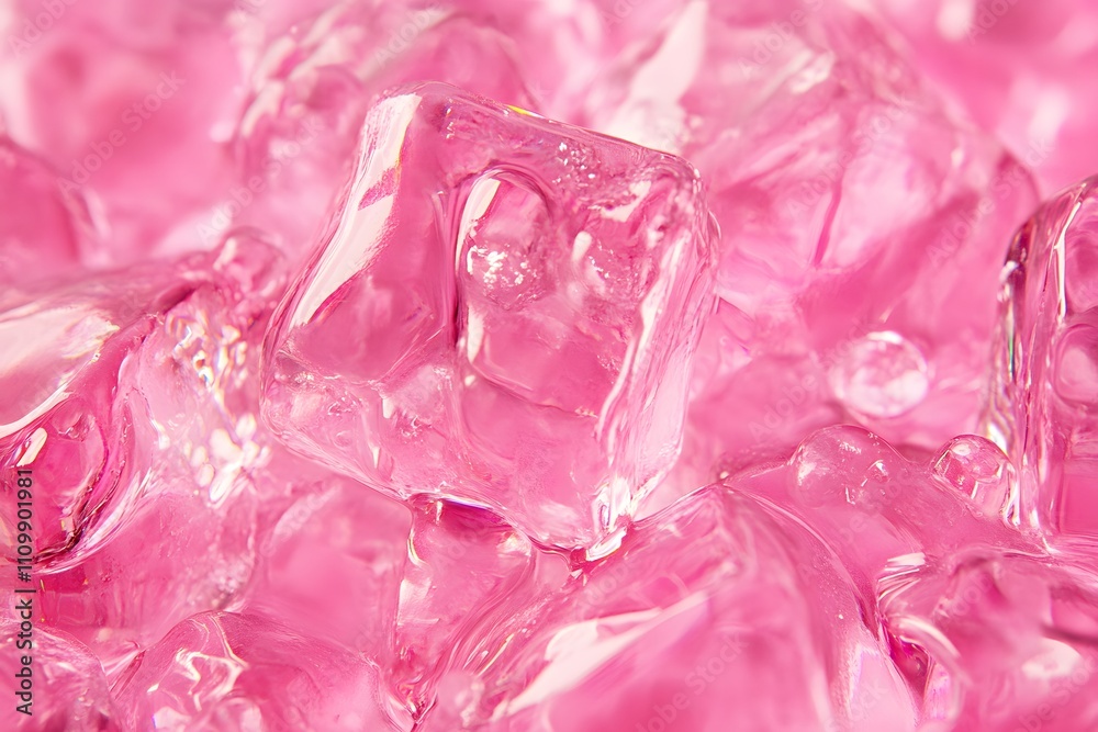 Close-up of transparent pink ice cubes, creating a vibrant and refreshing visual effect. Close-up of transparent pink ice cubes, creating a vibrant and refreshing visual effect.
