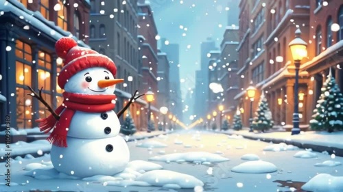 Cheerful snowman with a red hat and scarf stands on a snowy city street with Christmas lights and small pine trees. Snowflakes fall gently in the chilly winter evening, creating a cozy atmosphere.