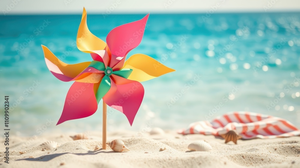 A whimsical pinwheel with vibrant colors stands tall on a sandy beach, capturing the essence of a carefree summer day. A whimsical pinwheel with vibrant colors stands tall on a sandy beach, capturing the essence of a carefree summer day.