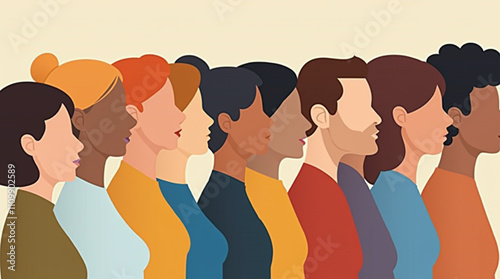 Vector illustration of a diverse group of people in side profile.