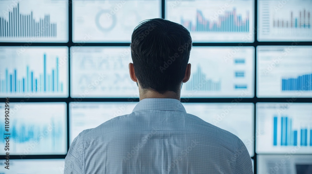 A person analyzes data on multiple digital screens displaying various graphs and metrics. A person analyzes data on multiple digital screens displaying various graphs and metrics.