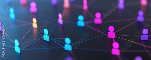 A vibrant digital network illustration featuring colorful human figures connected by lines, symbolizing social interaction and connectivity.