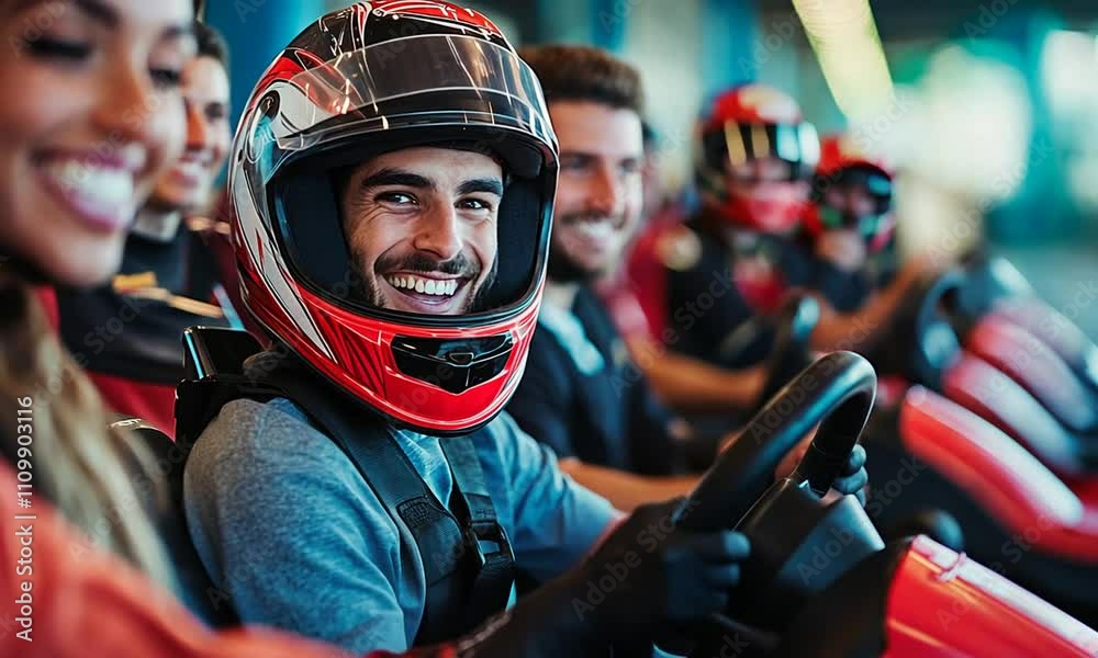Excited Go-Kart Racers Smiling in Indoor Racing Track Environment