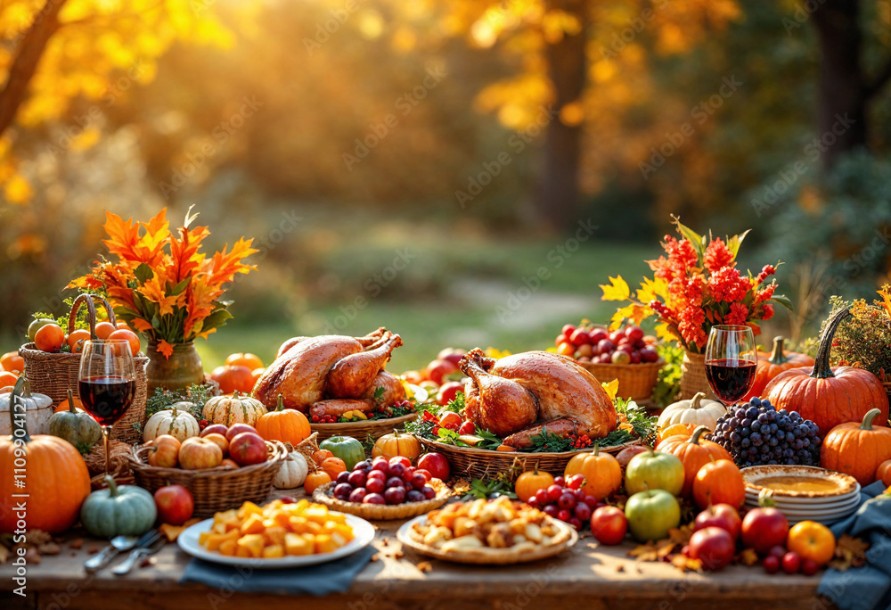 Vibrant autumn harvest feast with turkeys, fruits, and decorations set in a picturesque outdoor setting during golden hour Vibrant autumn harvest feast with turkeys, fruits, and decorations set in a picturesque outdoor setting during golden hour
