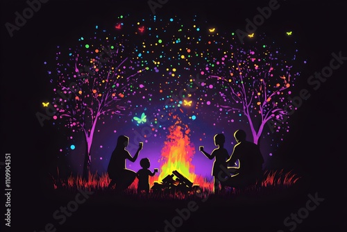 Neon family campfire night in the forest isolated on black background. photo