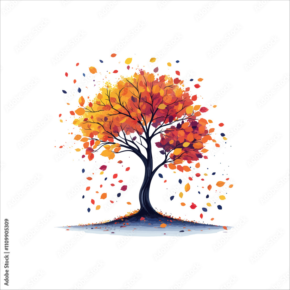 Fototapeta premium The tree with falling leaves vector. Tree Falling Leaves Illustrations.