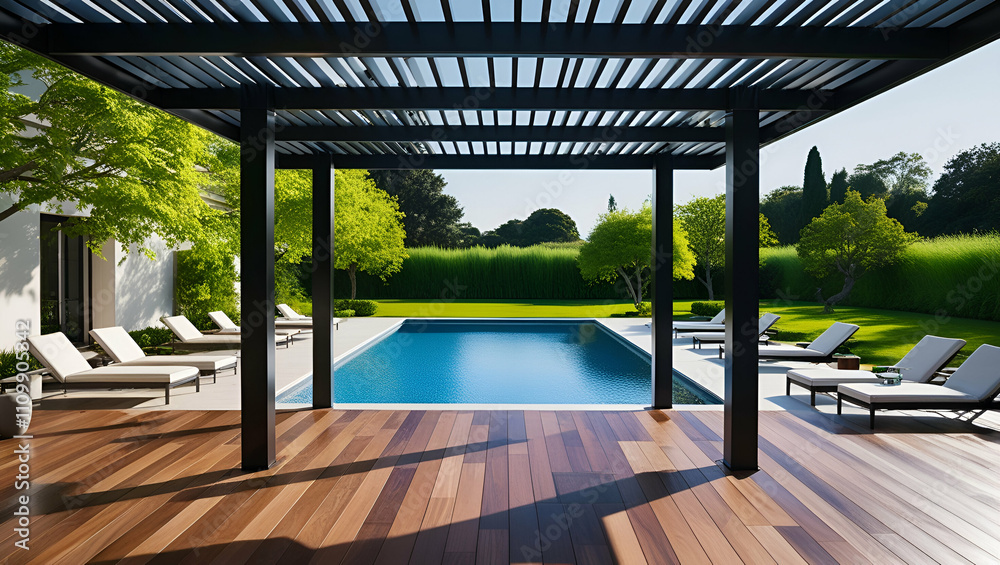 A sleek modern black bioclimatic pergola overlooking an elegant outdoor patio A sleek modern black bioclimatic pergola overlooking an elegant outdoor patio