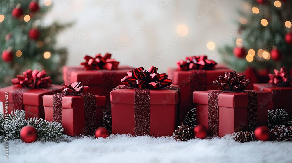 Merry Christmas, Happy New Year, craft red gift box, light background. Flat lay, copy space, banner Merry Christmas, Happy New Year, craft red gift box, light background. Flat lay, copy space, banner