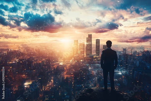 Businessman overlooking cityscape at sunrise. Concept of leadership, vision, and success.