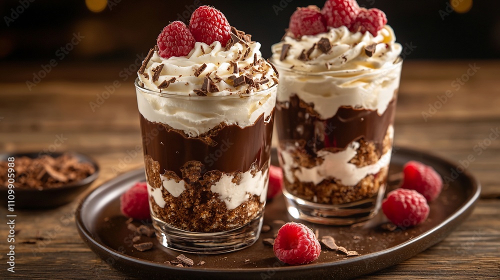 Two delicious chocolate raspberry parfaits in glasses. Two delicious chocolate raspberry parfaits in glasses.