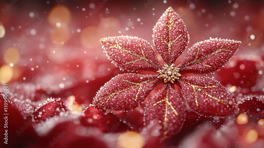 Merry Christmas, Happy New Year. Red golden bokeh background red Christmas flower Poinsettias