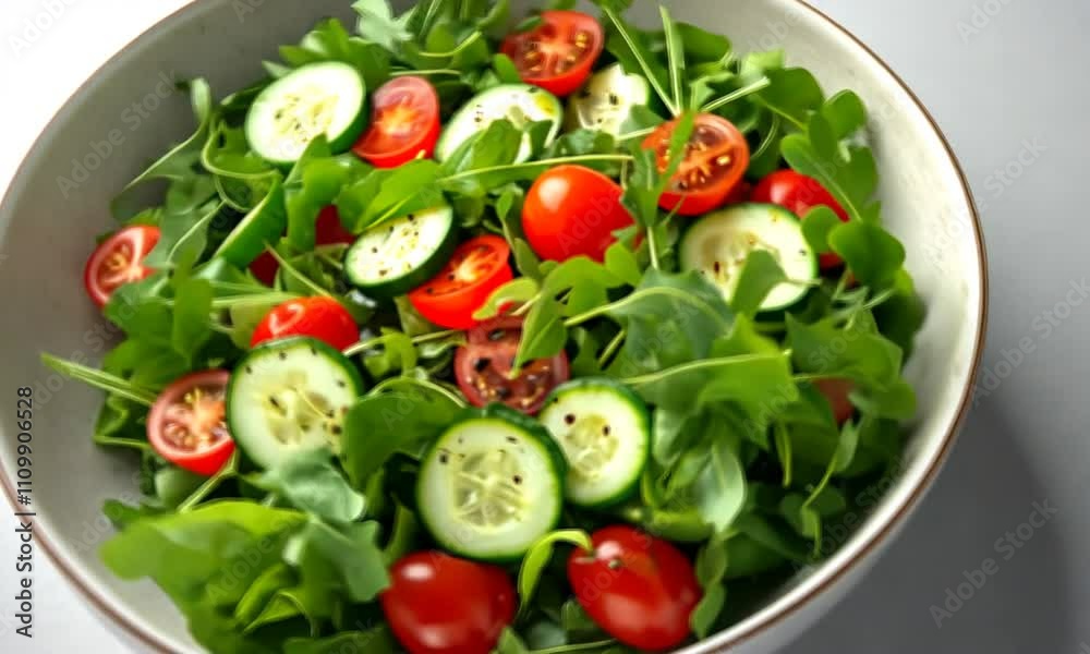 Fresh Green Salad with Cherry Tomatoes and Cucumbers in Bowl Fresh Green Salad with Cherry Tomatoes and Cucumbers in Bowl