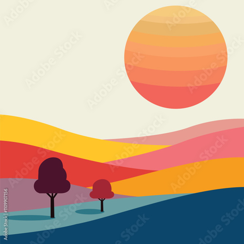 Stylized Landscape with Large Sun and Rolling Hills Illustration