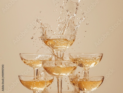 Festive pyramid of champagne glasses, light and stylish