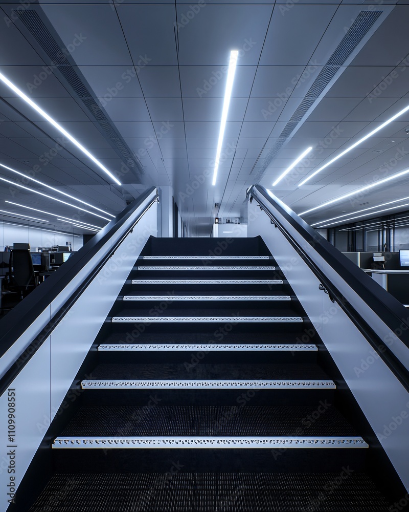 Modern office staircase illuminated by sleek lighting, leading to an upper level.