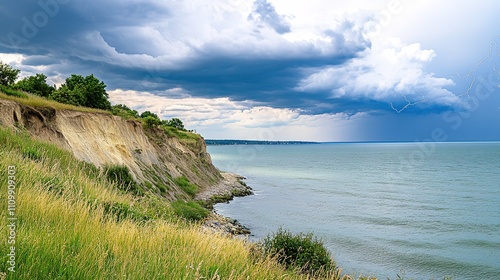  A dramatic coastal landscape with grassy cliffs overlooking the sea, dark storm clouds filling the sky, occasional flashes of lightning, and strong winds creating a powerful and turbulent atmosphere. photo