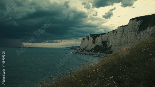  A dramatic coastal landscape with grassy cliffs overlooking the sea, dark storm clouds filling the sky, occasional flashes of lightning, and strong winds creating a powerful and turbulent atmosphere. photo