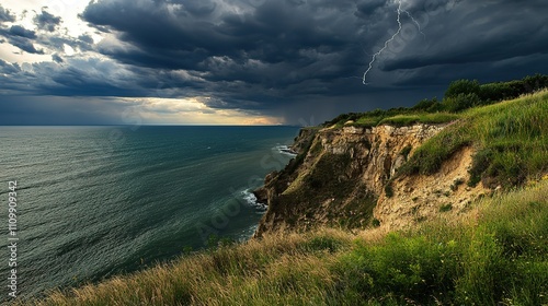  A dramatic coastal landscape with grassy cliffs overlooking the sea, dark storm clouds filling the sky, occasional flashes of lightning, and strong winds creating a powerful and turbulent atmosphere. photo