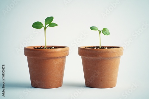 Two small plants in terracotta pots, one larger than the other, against a white background. photo