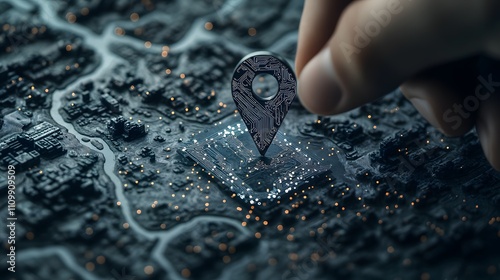 Digital Hand with Glowing Circuit Patterns Interacting with High-Tech Map Interface for AI-Driven GPS and Logistics