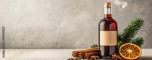 A bottle of mulled wine with steam rising from the top, surrounded by cinnamon sticks, cloves, and dried orange slices, 3D render