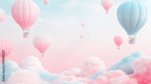 A pastel background with pink and blue gradients, filled with hot air balloons and soft clouds, conveying a light and floating sensation. 