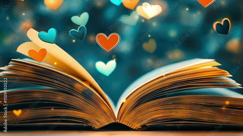 Enchanting open book with floating heart shapes in glowing light. Happy Valentine's Day. 14 february.