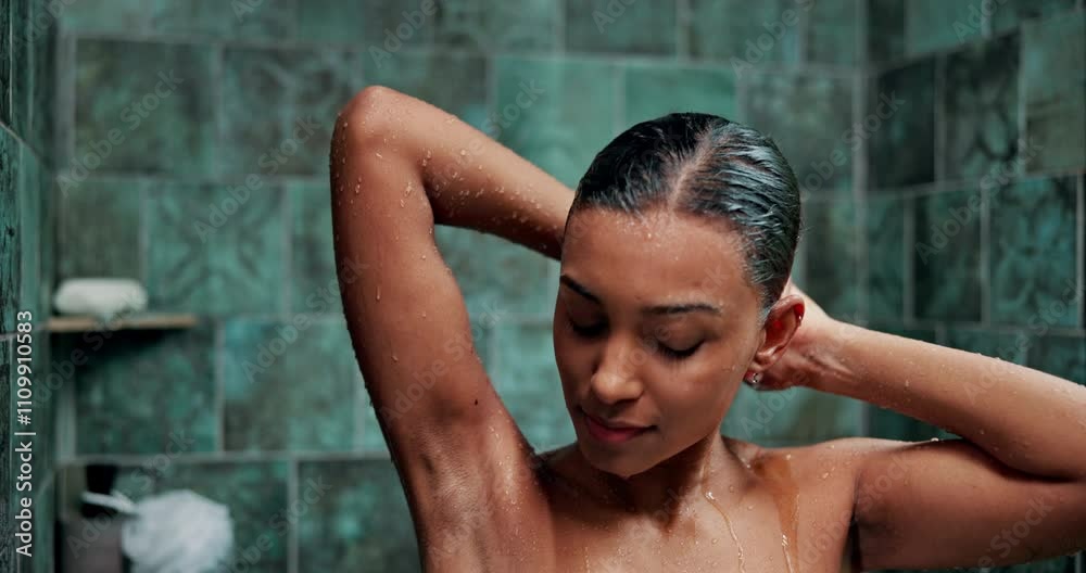 Water, bathroom and Indian woman in shower for cleaning, washing body or grooming in home. Dermatology, beauty and person with satisfaction, hygiene and daily routine for skincare, wellness or health