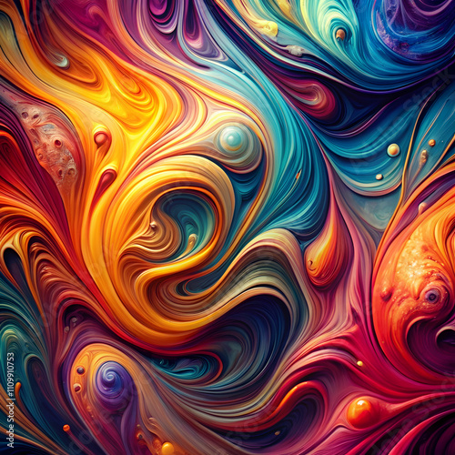 Vivid abstract fluid paint swirls blending vibrant colors, creating a mesmerizing